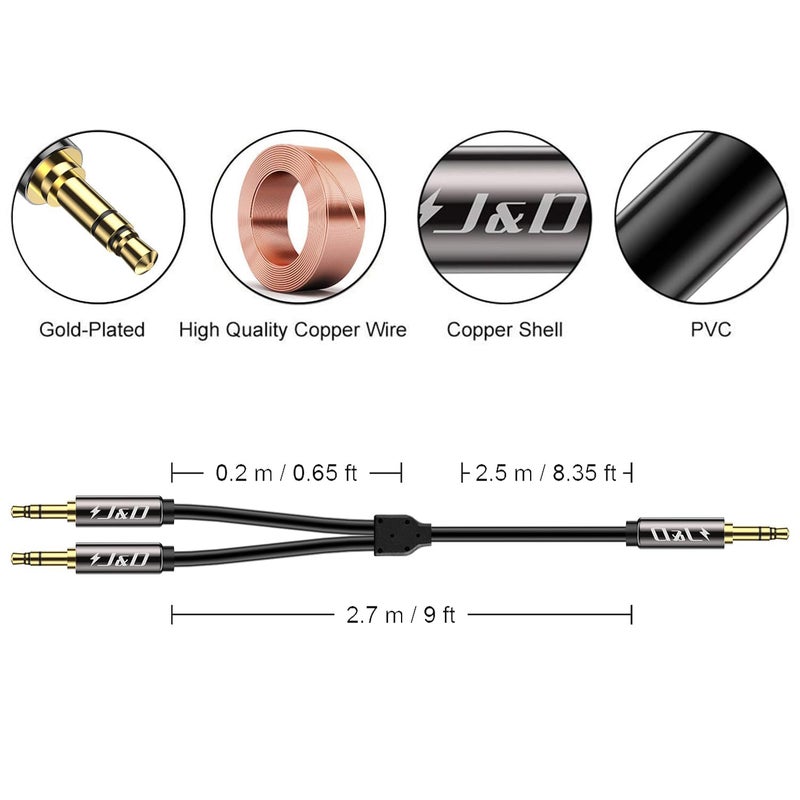 J&D Airplane Airline Flight Cable for Headphones, 3.5mm 1/8 inch TRS Male to Dual 3.5mm 1/8 inch TS Male Gold Plated Copper Shell Heavy Duty, 9 Feet - Image 3